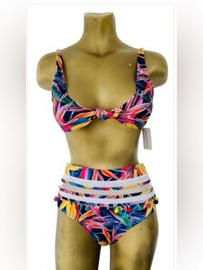 TROPICAL Bird of PARADISE NWT Pom-Pom Trimmed 2-PC BIKINI Swimsuit size Large